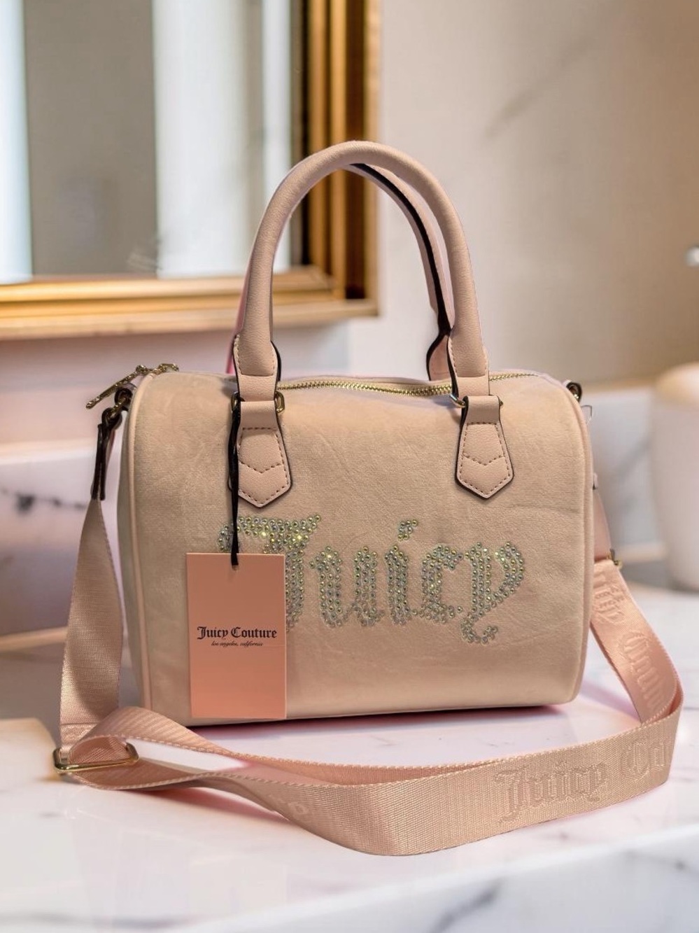 Juicy Couture NWT Blush Pink Crystal-Logo Satchel Crossbody Pink Trim. (P237 - Picture 1 of 10